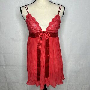 Victoria’s Secret Sz M Red Accordion Pleated Babydoll Chemise Ribbon Bow Lace
